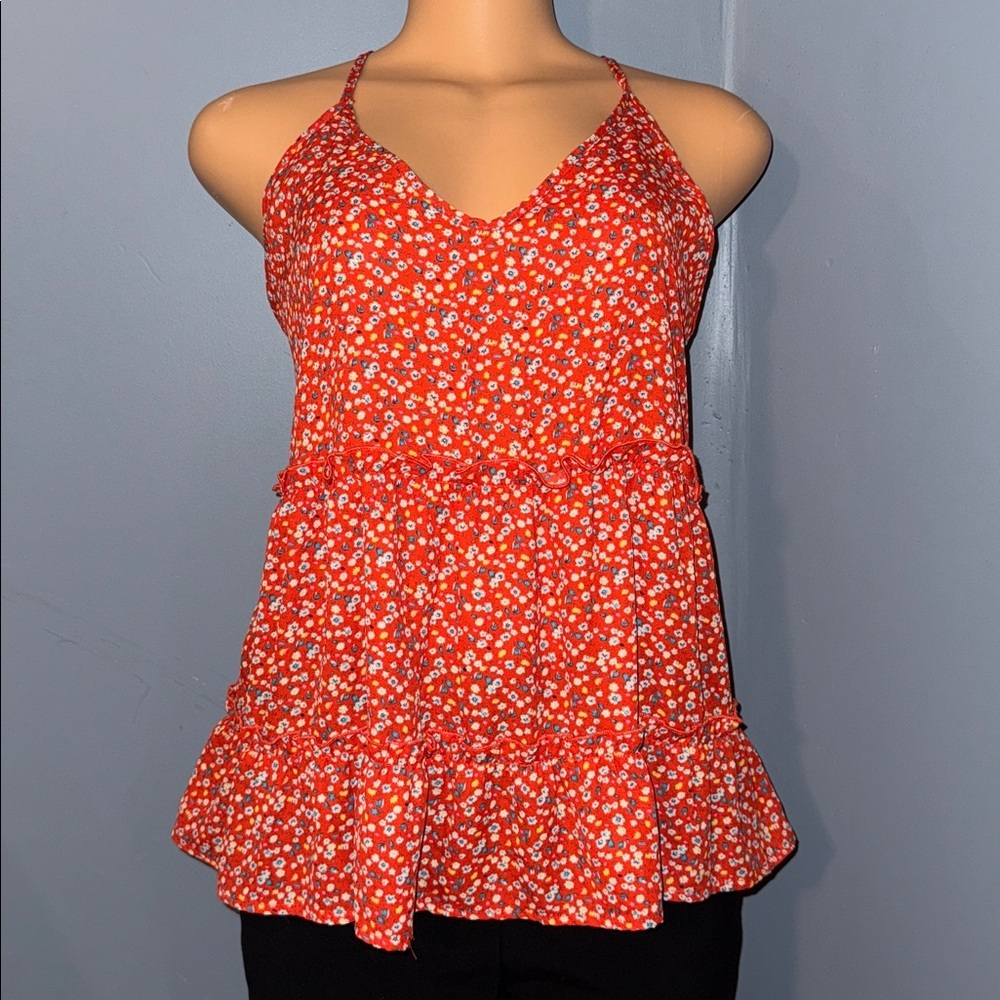 Sienna Sky Floral Tank Top With Ruffled Accents. Size medium.